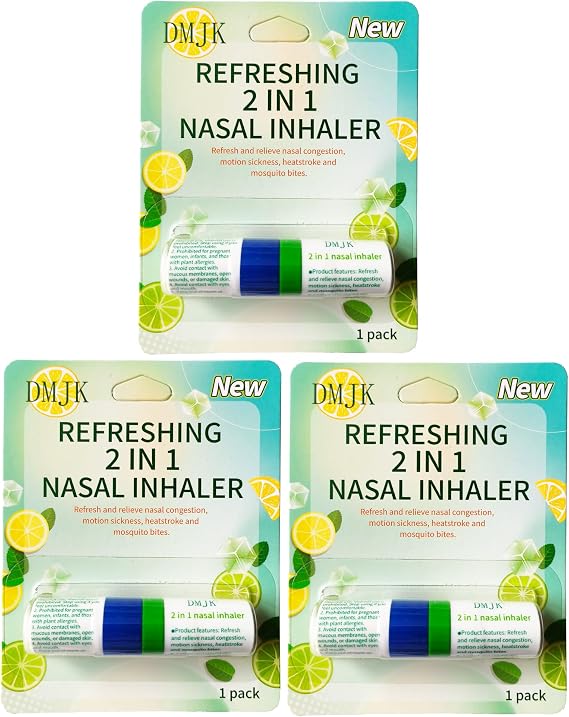 Zonebutton 2 in 1 Nasal Inhaler Stick Pack of 3, Menthol Mint Lemon Essential Oil Aromatherapy Stick, Dual End for Congestion Relief, Focus & Bug Bite Itch Soothe, Portable Travel Size(Mint)