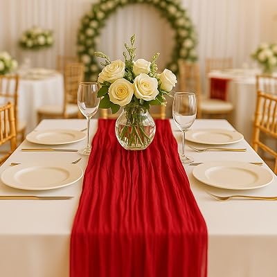 10FT Red Cheesecloth Table Runner 120 Inch Rustic Boho Gauze Cheese Cloth Table Runner for Wedding Baby Shower Bridal Shower Birthday Party Home Decorations