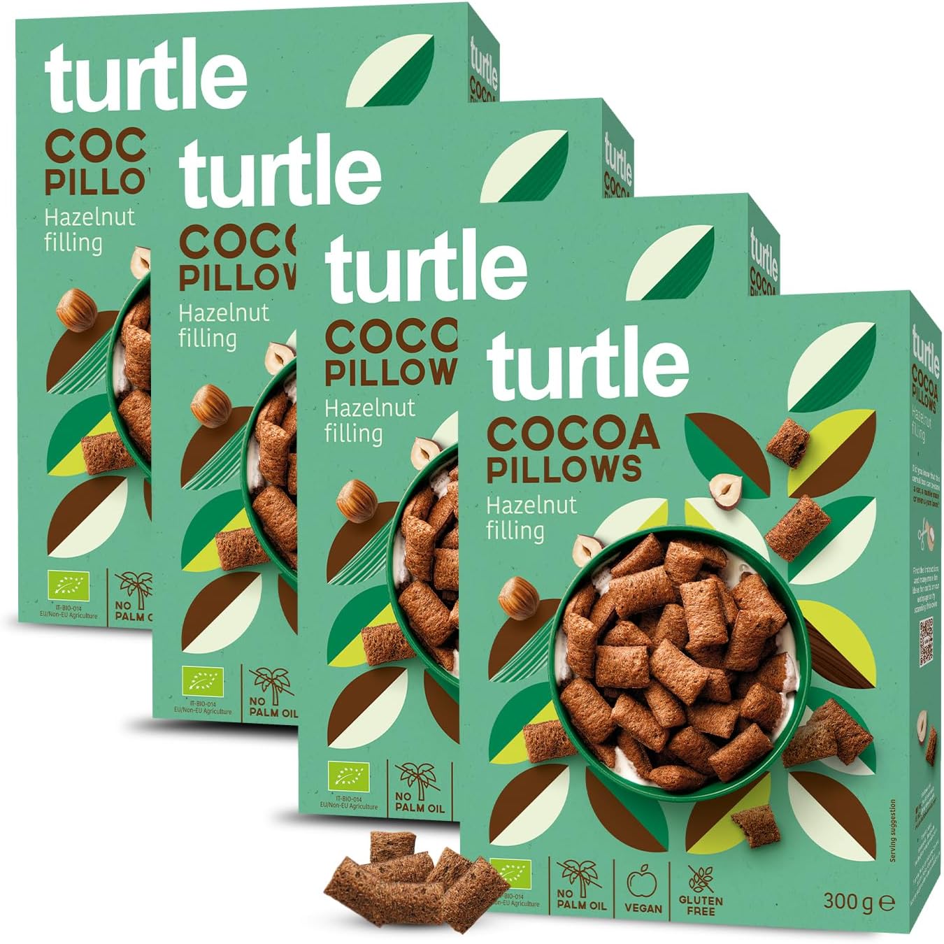Turtle Cereal Better Breakfast – Cocoa Pillows Gluten Free Cereal with Hazelnut Filling 300g Pack of 4 | Certified Organic Vegan Gluten Free, Source of Fibre, No Palm Oil