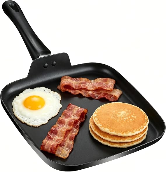 10 Inch Square Griddle Pan, Nonstick Grill Pan, for Eggs Omelettes Bacon, Griddle Cookware for Breakfast Lunch Dinner, Family Kitchen