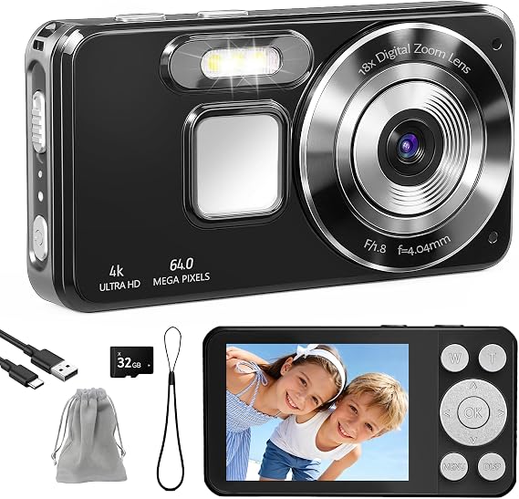 Digital Camera 4K Photo Camera 64MP Camera Portable Compact Camera with 2.8 Inch LCD Screen 18X Digital Zoom 32GB SD Card 1 Lanyard for Children Teenagers Beginners (Black-2)
