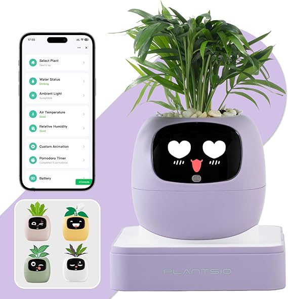 Smart Plant Pot with Screen, 80ml Self-Watering Planter Purple | Monitor Soil Moisture, Water Level, Light & Battery, supports 50+ plants. Pomodoro timer, clock & calendar