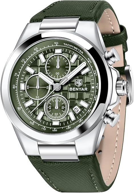 BENYAR Quartz Movement Chronograph 30M Waterproof Luminous Date Classic Leather Strap Men's Watches