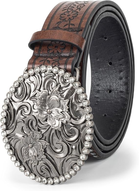 Womens Western Belt Rhinestone Cowgirl Belt with Flower Buckle PU Leather
