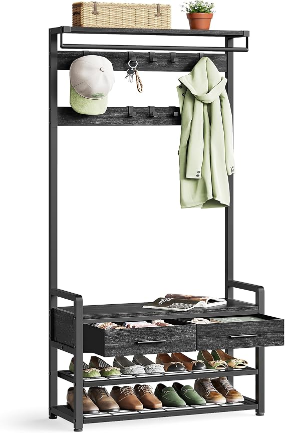 VASAGLE Hall Tree with Bench and Shoe Storage, Entryway Coat Rack with Shoe Bench, 2 Fabric Drawers, 10 Hooks, 11.8 x 31.7 x 71.5 Inches, Stone Gray and Ink Black UHSR429B04