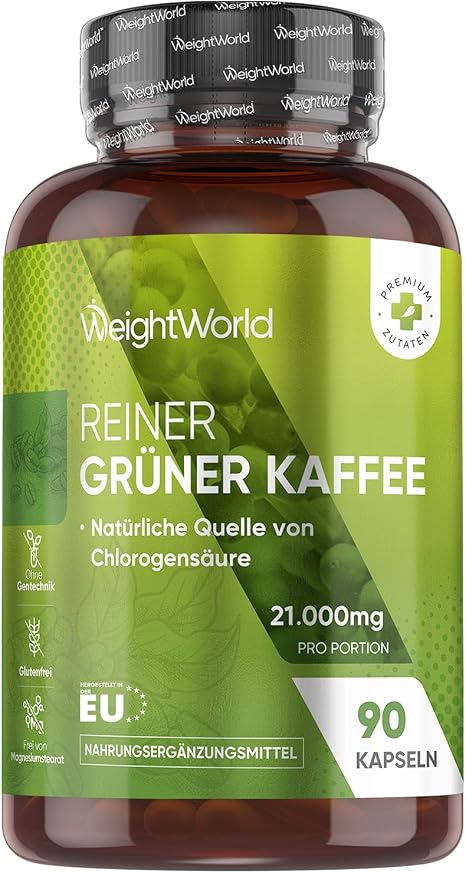 Green Coffee Capsules 21000 mg - Green Coffee Bean Extract - 90 Coffee Powder Capsules - Natural Source of Chlorogenic Acid (CGA) - Pure Green Coffee WeightWorld