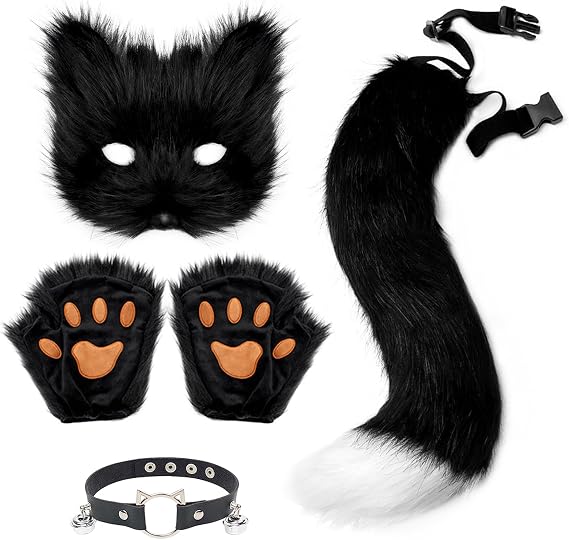 QinRuan Therian Mask Animal Wolf Paw Gloves & Furry Cat Ears Collar Set with Fox Tail - Cosplay Costume Kit, Blackwhite