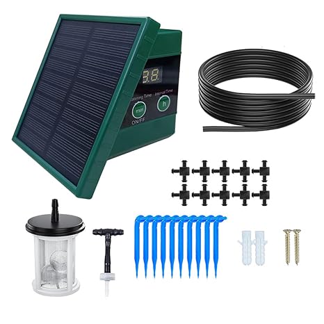 Naroote Solar Drip Irrigation System, 10 Potted Plants Automatic Watering Kit, Digital Display Irrigation Controller with 30x7 Timer Modes, Ideal for Patio, Garden, Greenhouse & Balcony,