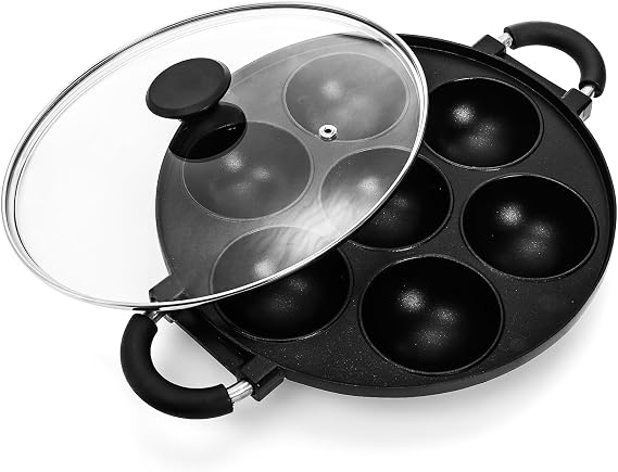 WUWEOT Aebleskiver Pan, Non Stick Appe Grill, 3.15" Appam Maker Griddle, Aluminium Pancake Octopus Ball Half Sphere Pan with 2 Side Handle and Glass Cover Lid