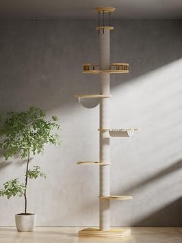 Cat Tree Floor to Ceiling Cat Towers Adjustable Height98-114 Inches, Tall Cat Towers Natural Sisal Scratching Post, Modern Cat Tree Tower for Large Indoor Cats, Cotton Rope