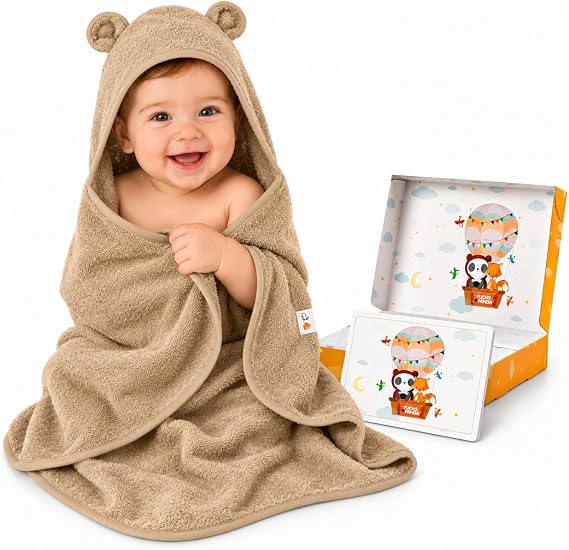 FUCHSUNDPANDA ® Hooded Towel Baby Extra Thick Warm & Soft 75 x 75 cm Baby Towel with Hood (100% Bamboo) Baby Towel Hood with Great Gift Packaging (Mojave Beige)