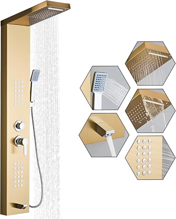 5-in-1 Shower Panel Tower System - Brushed Gold | 304 stainless steel Shower Panel Tower Column with Powerful Body Jets, Rainfall, Waterfall,Handheld and Tub Spout