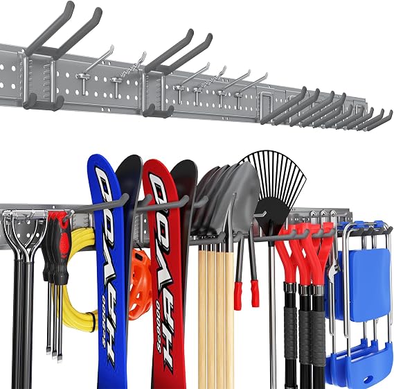 Garage Tool Organizer Wall Mount 64 inches with 13 Adjustable Heavy-Duty Hooks (Grey)