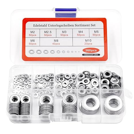 360 Pcs Flat Washer, Stainless Steel Washers for Bolts, 8 Sizes Metal Washers for Screws M2-M10, Home Automotive Shop Factories Repair Construction