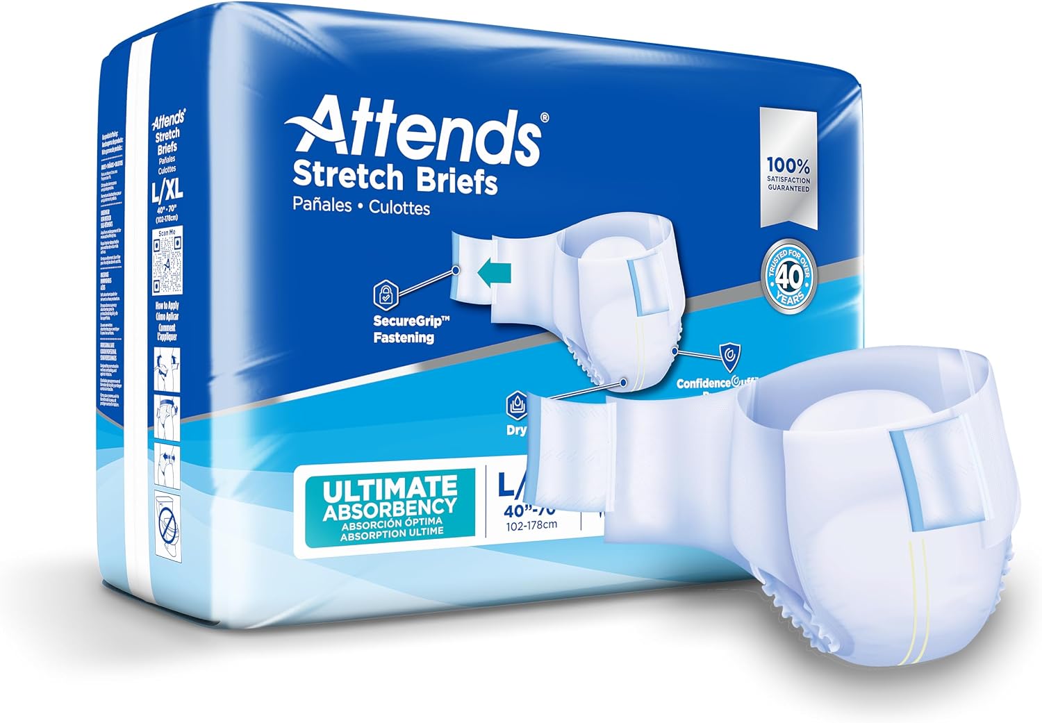 Attends Stretch Adult Incontinence Disposable Briefs, LargeX-Large, 40-70 Waist with SecureGrip Tab Closure, Ultimate Absorbency with Dry-Lock Containment Core and Breathable Side Panels, 24ct Bag