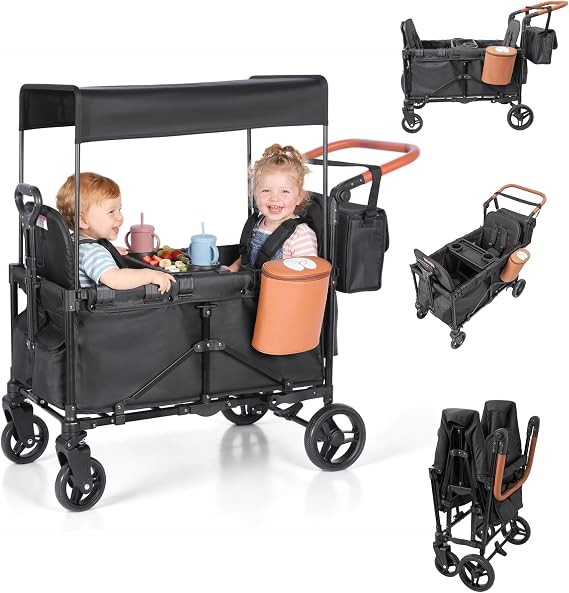2-in-1 Wagon Stroller for Two Kids Foldable Push & Pull AllTerrain Wagon with Canopy, 5Point Harnesses, 2-in-1 Storage Bag (Converts to Shoulder Bag), Lightweight, Compact Black