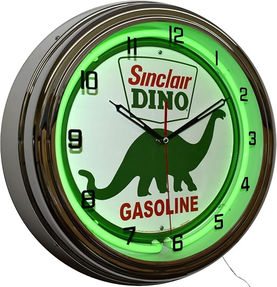 Sinclair Dino Gasoline Motor Oil Sign Neon Garage Clock (16" Green)