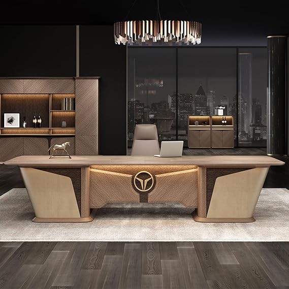 Executive Desk Modern L Shaped Computer Desk with Storage Shelves and Cabinet, Large L Shaped Executive Desk for Home Office