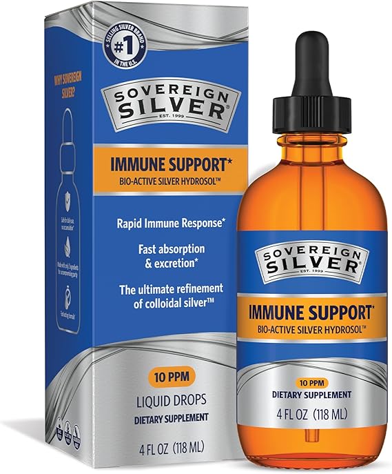 Sovereign Silver Immune Support - Colloidal Silver, Bio-Active Silver Hydrosol, 10 ppm, Liquid Dropper, 4 Fl Oz, (118 mL)