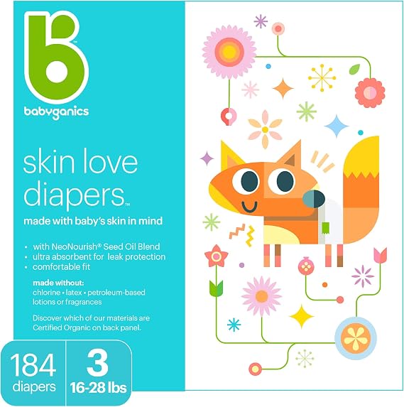 Babyganics Baby Diapers, Size 3 (16-28 lbs) 184 Count- Ultra Absorbent, Unscented, Made without Chlorine, Latex