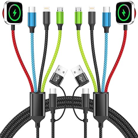 Multi Charging Cable with iWatch Charger, 2 Pack 5FT Travel Essentials | One Cable Charges Multiple Devices, Perfect for Travel, Cruises, Road Trips and Everyday Use while Reducing Cable Clutter