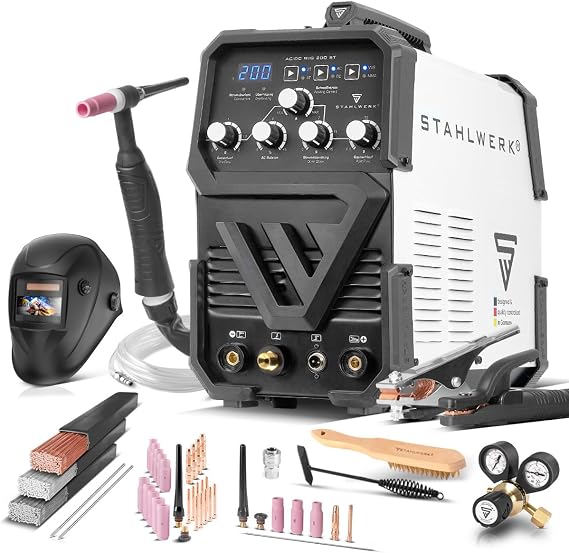 STAHLWERK Inert Gas Welder 2-in-1 Combi AC/DC TIG 200 ST - Full Equipment - TIG & MMA (E-Hand/ARC) up to 200A RF Ignition Hotstart Anti-Stick 2T & 4T Mode for Aluminium IGBT Technology