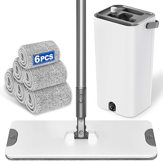Flat Floor Mop and Bucket Sets: Dusting Mop with 6 Reusable Microfibre pads