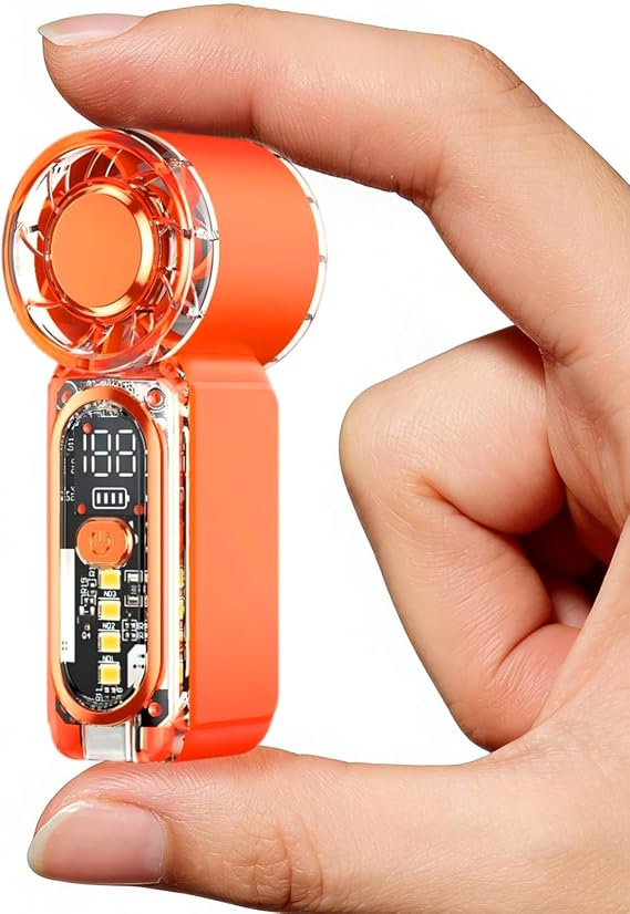 Portable Handheld Fan, 100-Speed Adjustable Mini Pocket Fan with Digital Display, High-Speed Personal Fan, USB-C Rechargeable Small Fan for Travel, Outdoor, Makeup, Summer Cooling (Orange)