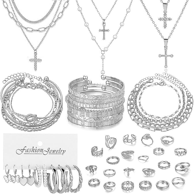 49pcs Gold Plated Jewelry Sets include Multi Layered Necklaces Bracelets and Earrings Set Crosses Pearls Choker Necklace Designs for Women Party Friendship Gifts