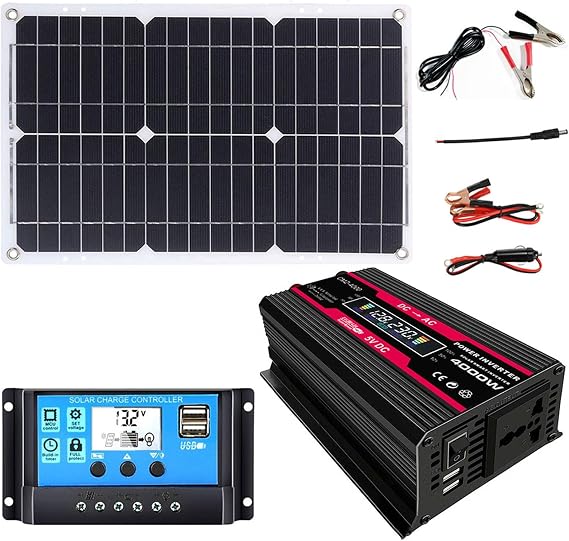 4000W Solar Power System Kit 300W Modified Sine Wave Inverter (12V to 220V/110V) 18W 18V Solar Panel, 30A Auto-Detect Solar Charge Controller(Black,12V-220V)