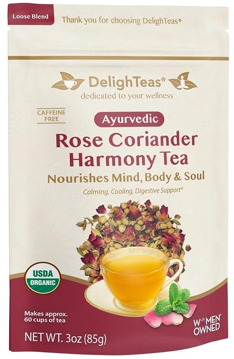 DelighTeas Organic Rose Coriander Harmony Tea | Ayurvedic Loose Leaf Herbal Tea | 60 Servings, 3oz. | Caffeine-free, Sugar-free, Non-GMO, Keto, Vegan | Calming, Cooling Digestive Support