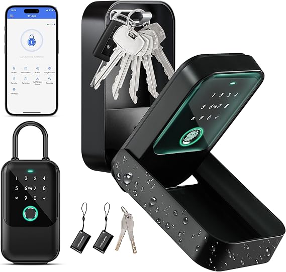 Moquin Smart Key Lock Box, TTLock APP Control, Fingerprint, Manual Keys, Access Card, EKey and Passcode Unlock, Electronic Bluetooth Wireless Lock Box for Airbnb Realtor House Office