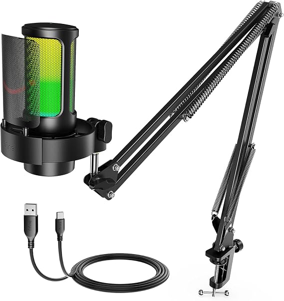 FIFINE USB Microphone Set for Gaming,Streaming Recording Microphone Kit for PC with RGB,Metal Mic Holder,Mute Button,Headphone Jack,Voice Over Pop Filter,Studio -A8T