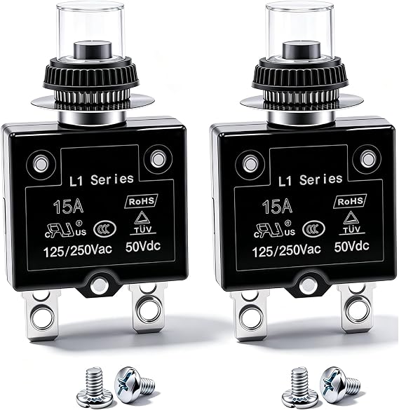 mxuteuk 2Pcs 15Amp Circuit Breakers Push Button Manual Reset 125/250V AC 50V DC, L1 Series Overload Protector Switch Thermal Circuit Breakers with Waterproof Button Caps L1-ls-15A