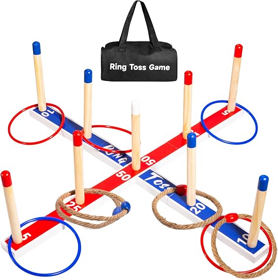 U&C Planet Large Quoits, Wooden Ring Toss Game for Kids and Adults | 10 Pcs Ropes &10 Pcs Plastic Rings with Carry Bag, Throwing Tossing Game for Family Party