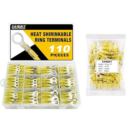 Sanuke 110PCS Heat Shrink Ring Terminals AWG 12-10#10,1/4",5/16",3/8" in Box and 12-10 AWG - 1/4" 55PCS Heat Shrink Ring Terminals in Bag (Yellow)