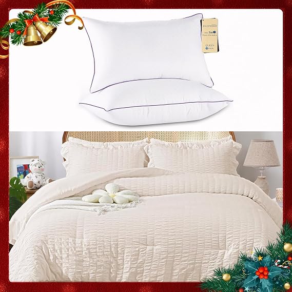JOLLYVOGUE Pillows Queen Size Set of 2 & 3 Pieces Seersucker Beige Queen Comforter Set, Bed Pillows with Super Soft Down Alternative Fill