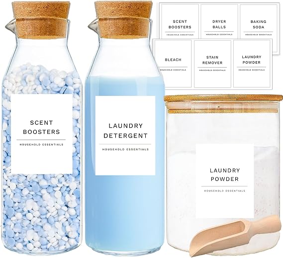 Liquid Laundry Detergent Container, Glass Detergent Bottle for Laundry Room | 3 Pack Laundry Storage Containers for Organizing, Laundry Beads & Dryer Sheet Holder, Laundry Soap and Softener Dispenser