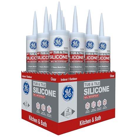 GE Tub and Tile Silicone Caulk for Kitchen and Bathroom -100% Waterproof Silicone Paste, Excellent Flexibility, Shrink and Crack Resistant - 10oz Cartridge, Clear, Pack of 12