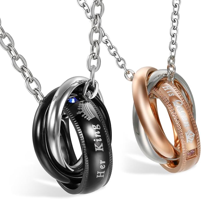 OIDEA Stainless Steel His Queen Her Cubic Zirconia Matching Ring Pendant Necklace for Couples Wedding Anniversary Promise Gift