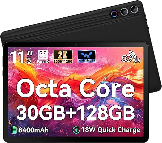 Tablet 11.5 inch Tablets Android 15, Octa-Core CPU, 30GB RAM 128GB ROM 1TB Expand, 5G WiFi 6, 2000 x 1200 HD/Dual 8MP+13MP Camera, 18W Quick Charge Gaming Streaming Study Tablets Black