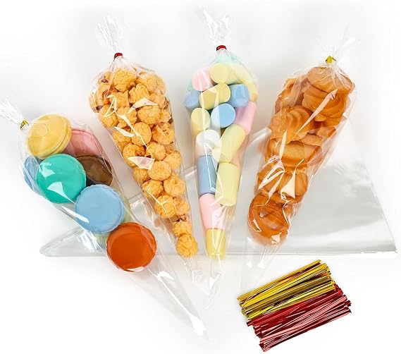 VGOODALL 200 Pack Cone Bags, 6.311.8 Inch Cellophane Treat Bags with Ties for Wedding Birthday Party Favor