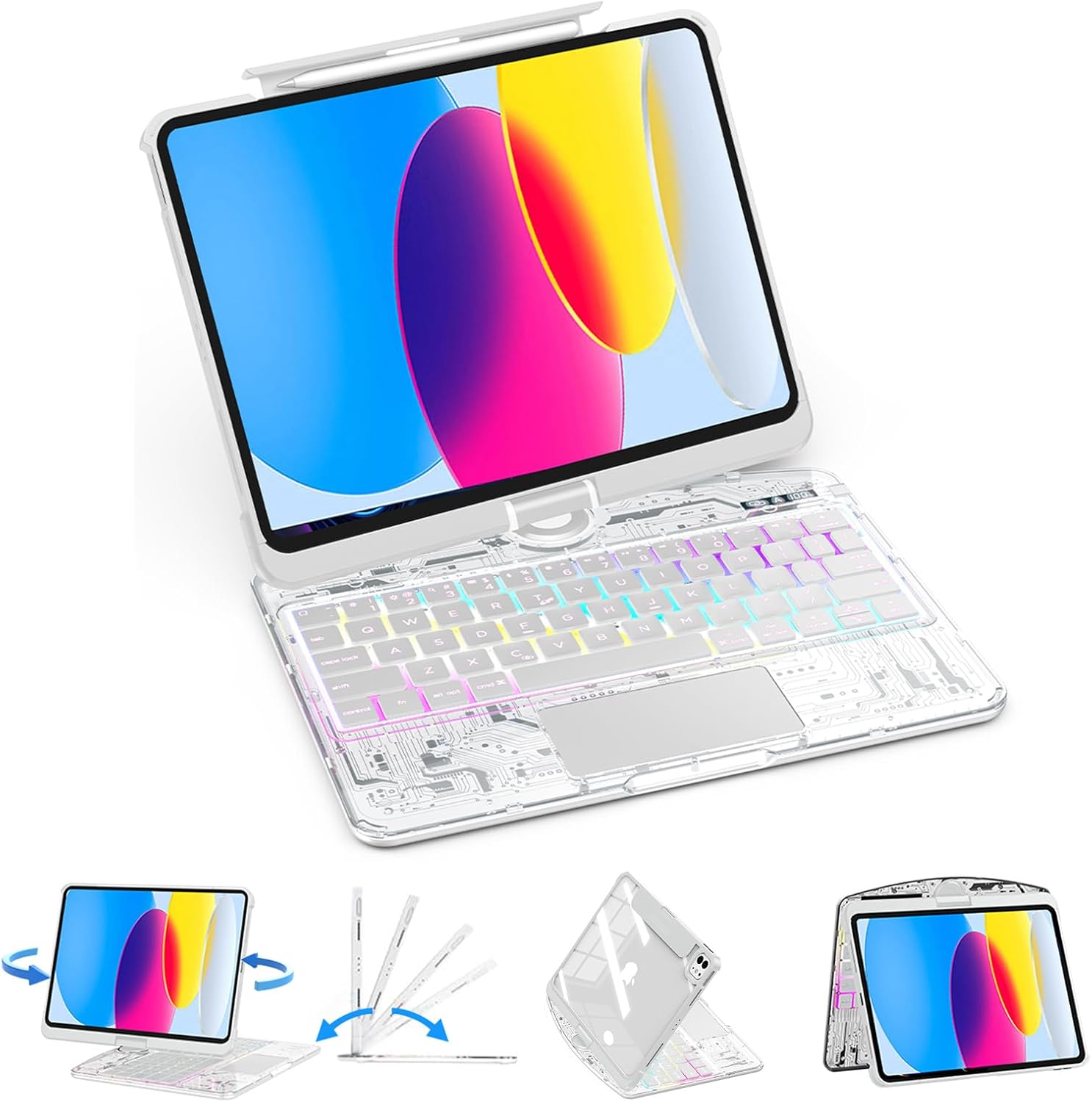 Clear Wireless Keyboard Case for iPad A16 11th Generation 11-inch 2025 iPad 10th Generation 10.9-inch 2022 with Pencil Holder & Multi-Touch Trackpad, 7-Color Backlight, 360 Rotatable, White