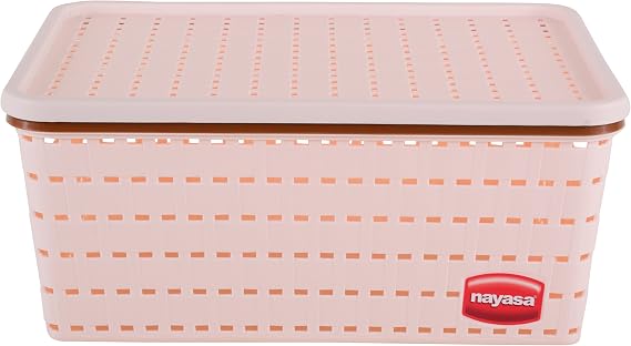 Nayasa Gloria Basket for Storage | Vegetable & Fruit Basket | Storage Box and Organiser Plastic Basket with Lid | Multipurpose Kitchen Organizer Rack | Medium | Peach