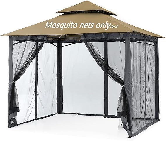 Mosquito Netting for Gazebo Canopy, Replacement Screen Walls Netting with Slip Rings, 4-Door Zipper, Easy to Install Black (Net Only) (10x10FT)