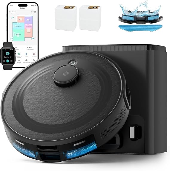 Lefant Robot Vacuum and Mop Combo,75-Days Self-Emptying,6000Pa Powerful Scution,Multi-Floor Mapping, No-Go Zones,140 Min Runtime,2.4G/5G WiFi/Alexa/APP/iWatch, M2 Plus Black