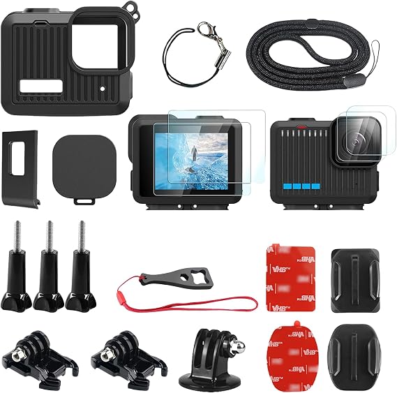 Silicone Case for GoPro Hero 4K - Protective Sleeve with Battery Cover, Screen Protectors, Lens Caps & Mount Kit Flexible Adhesive Helmet Sticky Mounts for GoPro Hero 4K Accessories