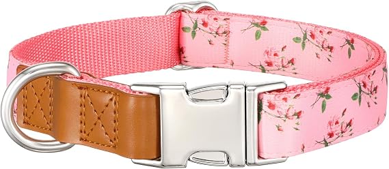 WHIPPY Floral Dog Collar with Quickly Release Metal Buckle Adjustable Cute Pink Rose Collars for Large Medium Small Breeds
