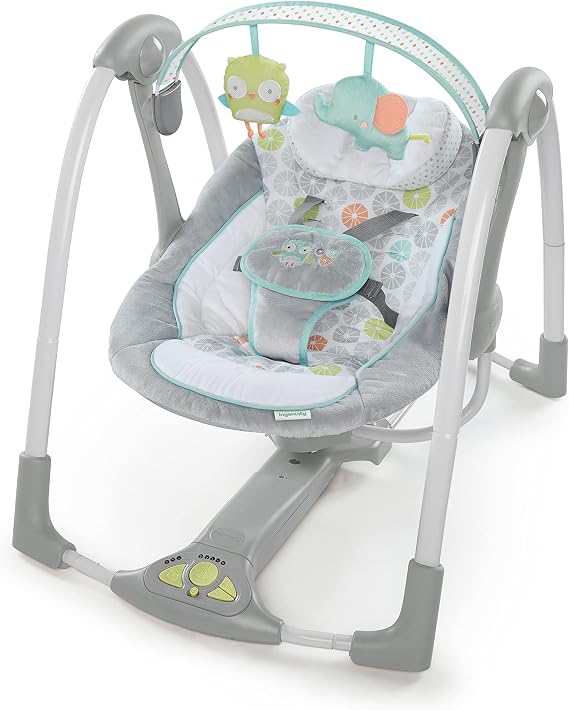 Ingenuity - Swing 'n Go Portable Swing - Hugs and Hoots, 5 Swing Speeds, 8 Soothing Melodies, Removable Toy Bar, Newborn and Above, Grey