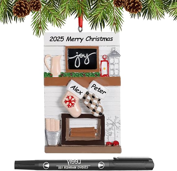 Fireplace Family Personalized Christmas Ornament 2025, Custom Fireplace Stocking Christmas Ornament with Names Customized Family Ornaments for Christmas Tree Decoration Customized Gifts, Family of 2